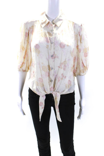 Free People Womens Cream Floral Tie Front 3/4 Sleeve Button Down Shirt Size M