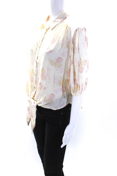 Free People Womens Cream Floral Tie Front 3/4 Sleeve Button Down Shirt Size M