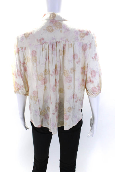 Free People Womens Cream Floral Tie Front 3/4 Sleeve Button Down Shirt Size M