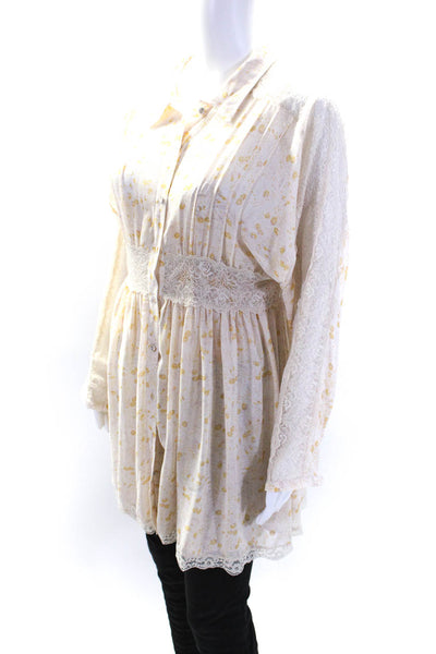 Free People Womens Cream Floral Lace Trim Layered Long Sleeve Blouse Top Size S