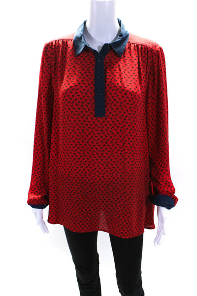 Free People Womens Red Printed Collar Henley Long Sleeve Blouse Top Size M