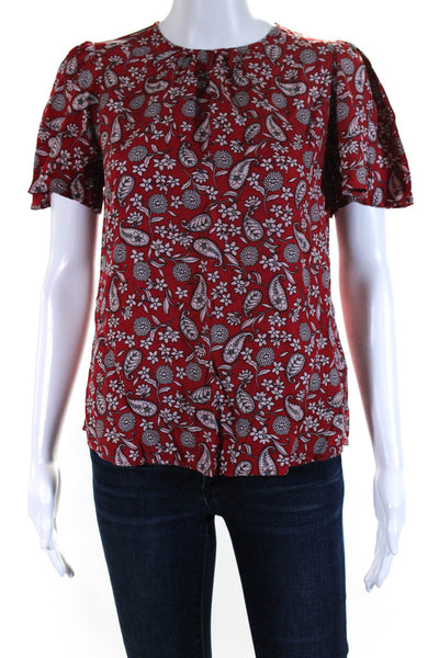 Boden Women's Round Neck Short Sleeves Red Floral Blouse Size 4