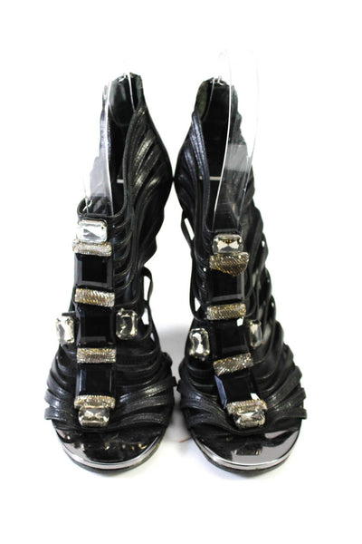 Tory Burch Womens Leather Strappy Jeweled Sandal Heels Black Size 8 Medium