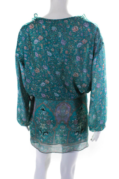 Zadig & Voltaire Womens Floral Print Long Sleeve Blouson Dress Teal Blue Size M