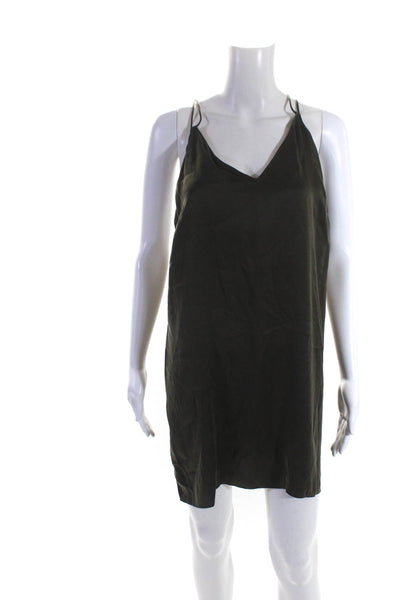 Skin Womens Spaghetti Strap Satin V Neck Mini Slip Dress Olive Green Size 2