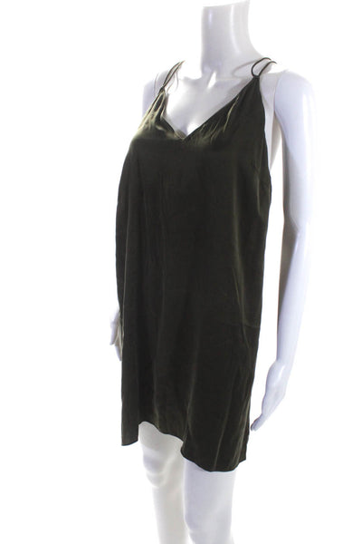 Skin Womens Spaghetti Strap Satin V Neck Mini Slip Dress Olive Green Size 2