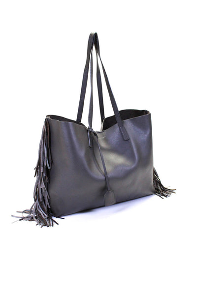 Saint Laurent Womens Leather Fringe Trim Tote Shoulder Handbag Gray