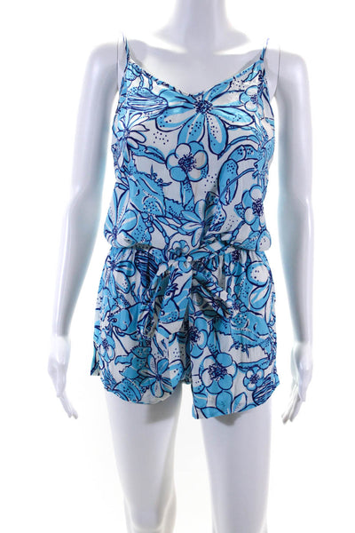 Lily Pulitzer Womens Floral Print Ruched Belted Sleeveless Romper Blue Size XS