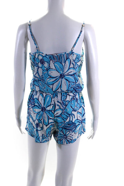 Lily Pulitzer Womens Floral Print Ruched Belted Sleeveless Romper Blue Size XS