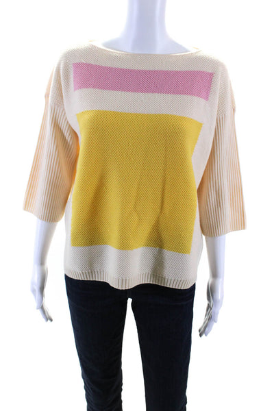 St. John Womens Wool Knit Colorblock 3/4 Sleeve Boat Neck Sweater Cream Size S