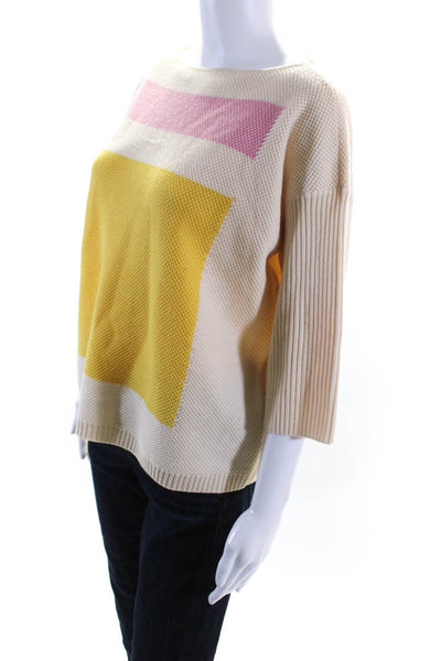 St. John Womens Wool Knit Colorblock 3/4 Sleeve Boat Neck Sweater Cream Size S