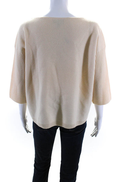 St. John Womens Wool Knit Colorblock 3/4 Sleeve Boat Neck Sweater Cream Size S