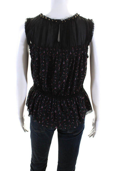 Juicy Couture Womens Floral Print Sleeveless Peplum Blouse Top Black Size S