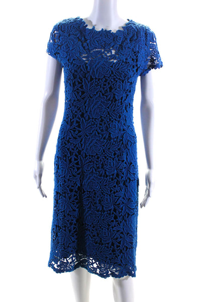 Elie Tahari Women's Round Neck Cap Sleeves Crochet A-Line Midi Dress Blue Size 4