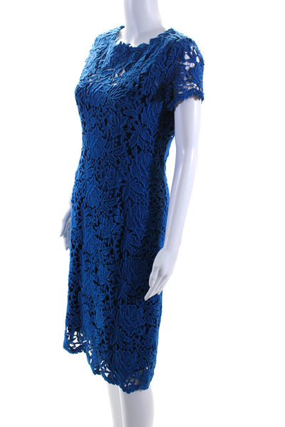 Elie Tahari Women's Round Neck Cap Sleeves Crochet A-Line Midi Dress Blue Size 4