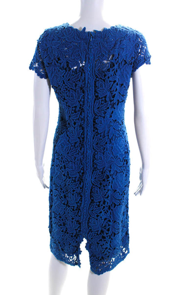 Elie Tahari Women's Round Neck Cap Sleeves Crochet A-Line Midi Dress Blue Size 4