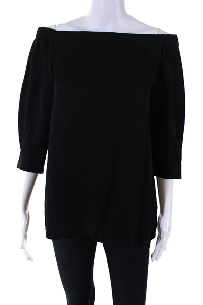 Theory Womens Silk Crepe Off The Shoulder Long Sleeve Blouse Top Navy Size S