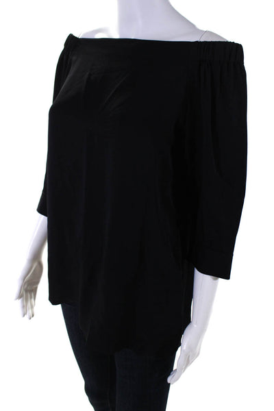 Theory Womens Silk Crepe Off The Shoulder Long Sleeve Blouse Top Navy Size S