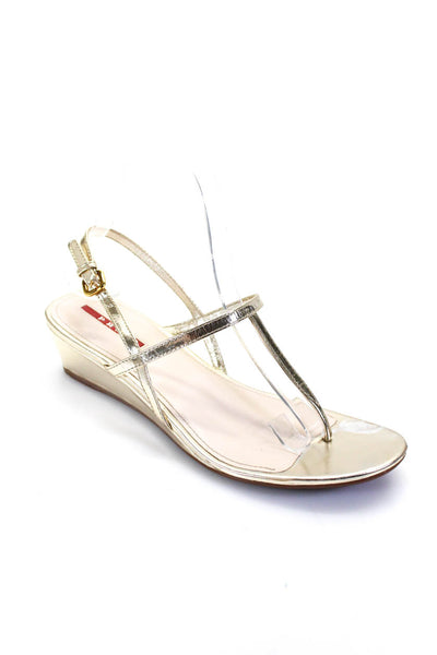Prada Womens Metallic Leather T-Strap Low Wedges Sandals Gold Size 37.5 7.5
