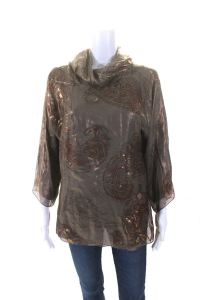 Shamask Womens Metallic Chiffon Cowl Neck Long Sleeve Top Blouse Brown Size 1