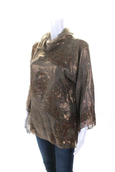 Shamask Womens Metallic Chiffon Cowl Neck Long Sleeve Top Blouse Brown Size 1