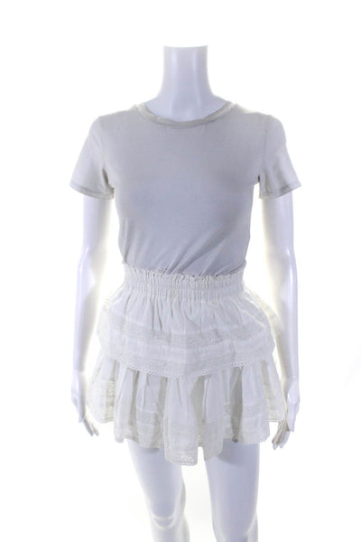 Love Shack Fancy Womens Elastic Waist Tier Ruffle Mini Circle Skirt White Small