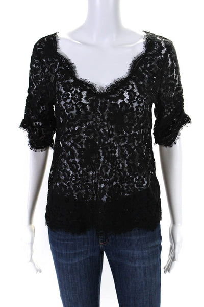 Joie Womens Black Floral Lace V-Neck Short Sleeve Blouse Top Size S