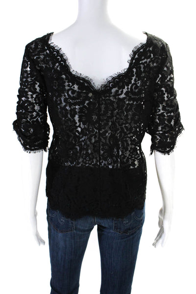 Joie Womens Black Floral Lace V-Neck Short Sleeve Blouse Top Size S