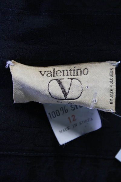 Valentino Womens Button Front Collared Vintage Monogram Silk Shirt Black Size 12