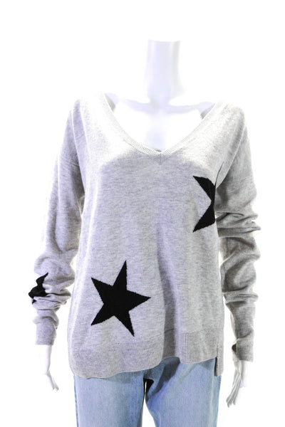 Pam & Gela Womens Merino Wool Knit Star Printed V-Neck Sweater Top Gray Size M