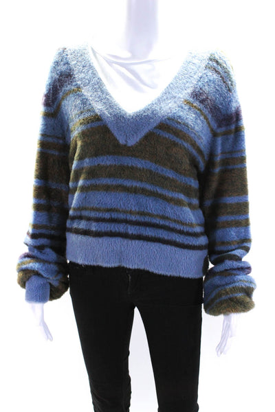 Anthropologie Womens Fuzzy Knit Striped V-Neck Pullover Sweater Top Blue Size L