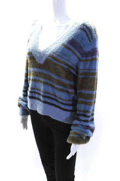 Anthropologie Womens Fuzzy Knit Striped V-Neck Pullover Sweater Top Blue Size L