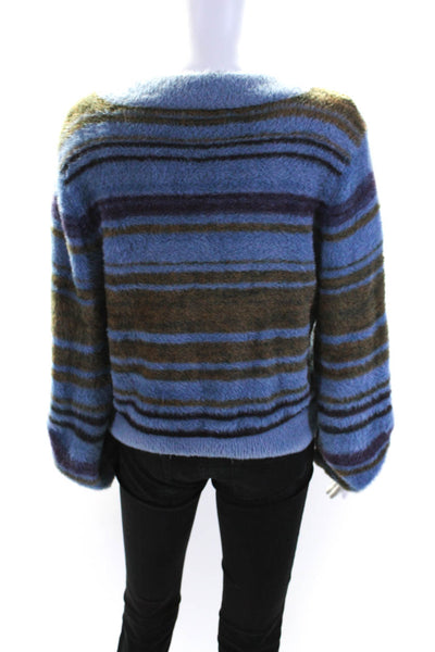 Anthropologie Womens Fuzzy Knit Striped V-Neck Pullover Sweater Top Blue Size L