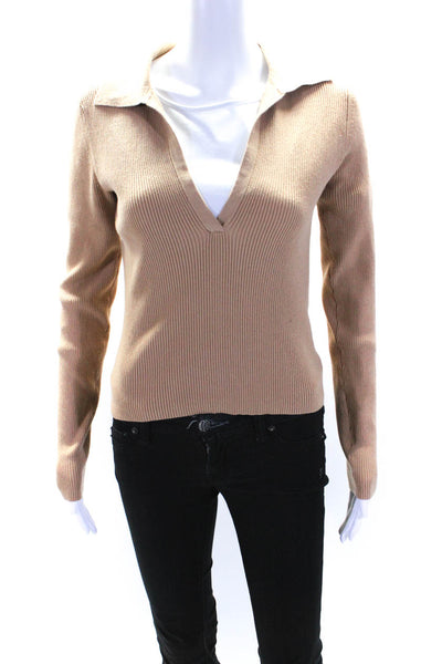 Intermix Womens Ribbed Knit Cotton Collared Deep V-Neck Top Light Brown Size S