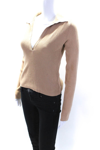 Intermix Womens Ribbed Knit Cotton Collared Deep V-Neck Top Light Brown Size S