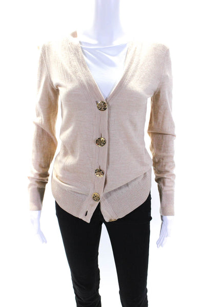 Tory Burch Womens Merino Wool Knit V-Neck Cardigan Sweater Top Beige Size S