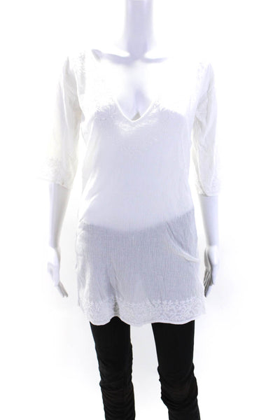 Melissa Odabash Womens Cotton Gauze 3/4 Sleeve V-Neck Tunic Top White Size M