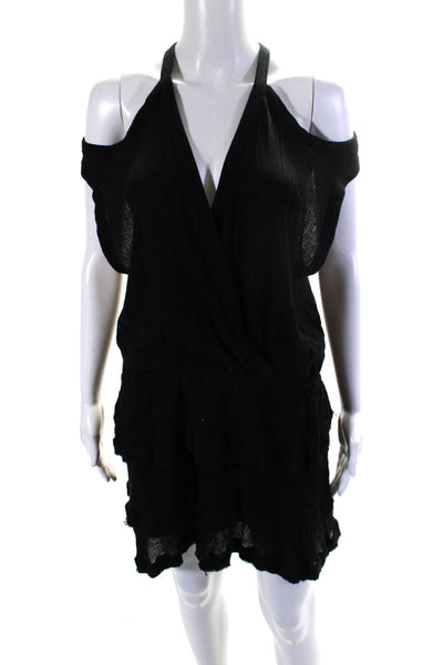 IRO Womens Sleeveless V Neck Tiered Knit Fringe Dress Black Cotton Size FR 40