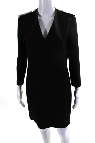 Burberry London Womens Back Zip 3/4 Sleeve V Neck Knit Sheath Dress Black Size 8