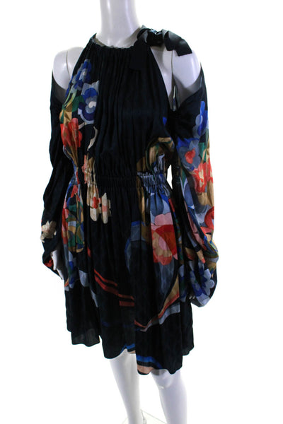 Fendi Womens Long Sleeve Floral Crew Neck Silk Cold Shoulder Dress Navy IT 42