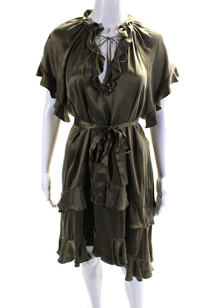 Zimmermann Womens Short Sleeve Ruffled Keyhole Tiered Silk Dress Brown Size 3