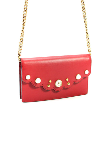 Gucci Womens Scalloped Peony GG Pearly Wallet On Chain Red Leather