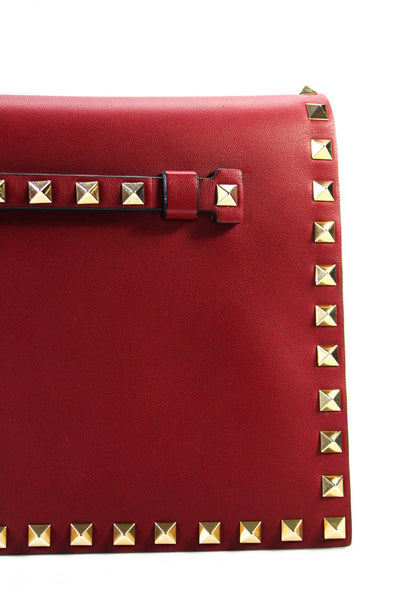 Valentino Garavani Womens Rockstud Leather Flap Wristlet Clutch Handbag Burgundy