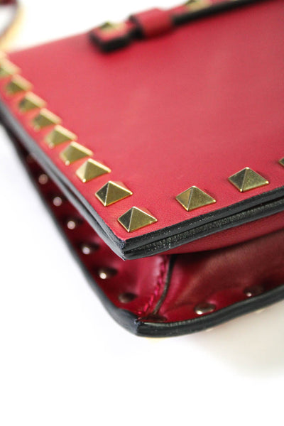 Valentino Garavani Womens Rockstud Leather Flap Wristlet Clutch Handbag Burgundy