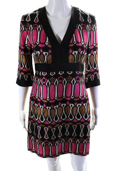 Milly Womens Abstract Satin 3/4 Sleeve V Neck Sheath Dress Pink Black Brown Sz 6