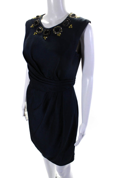 Carmen Marc Valvo Womens Embellished Sleeveless Mini Sheath Dress Navy Size 6