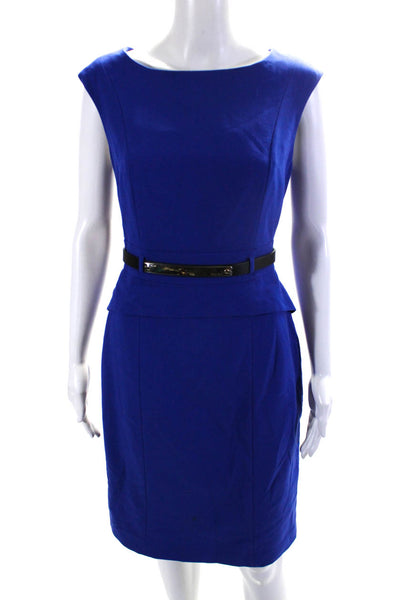 Calvin Klein Womens Woven Scoop Neck Sleeveless Belted Sheath Dress Blue Size 4