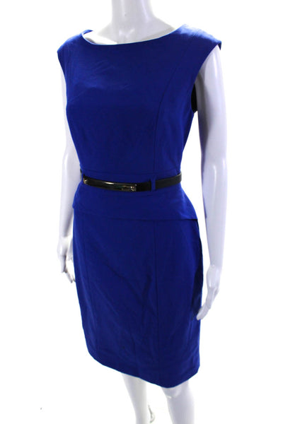 Calvin Klein Womens Woven Scoop Neck Sleeveless Belted Sheath Dress Blue Size 4