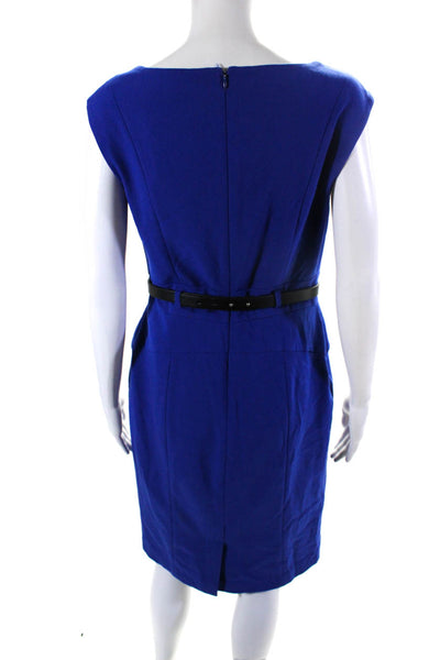 Calvin Klein Womens Woven Scoop Neck Sleeveless Belted Sheath Dress Blue Size 4