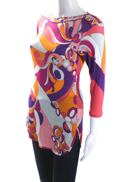Emilio Pucci Womens Multicolor Printed Crew Neck Long Sleeve Blouse Top Size 6